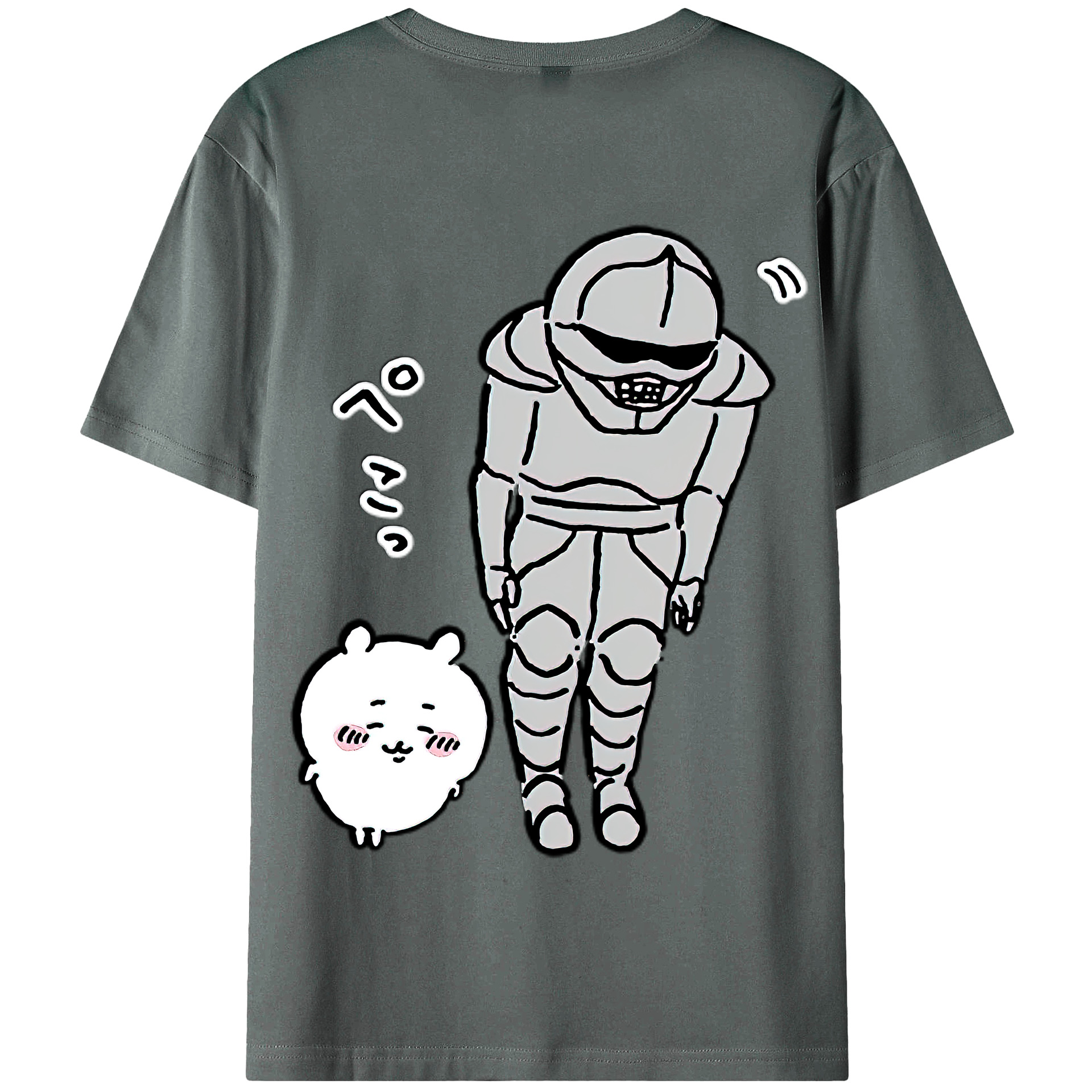 （画像用） ちいかわ 労働の鎧さん Chii-kawa Mr. Armor of Labor 綿100％半袖Tシャツ（背面プリント）